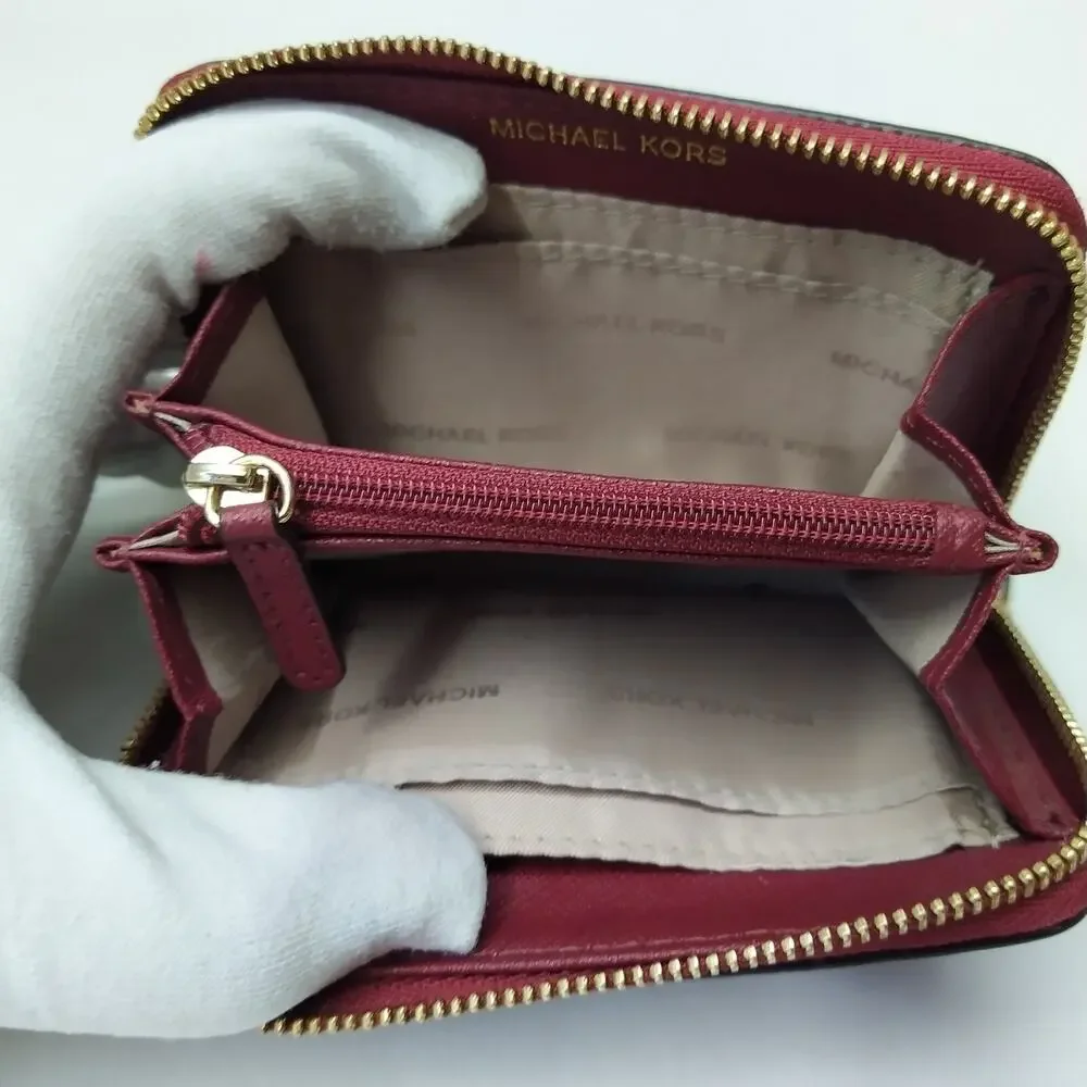 Michael Kors Red Pebbled Leather Zip Around Credit Card Small Wallet